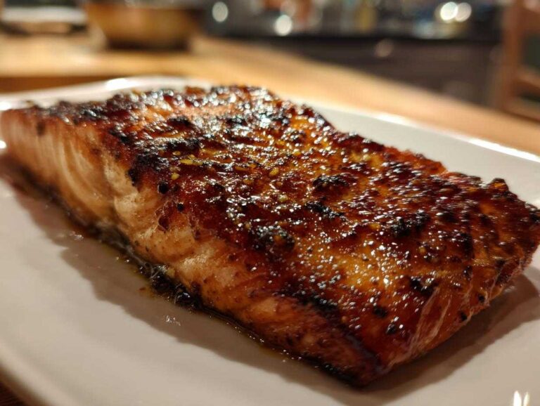 Close-up of a perfectly cooked salmon fillet with a shiny, caramelized honey garlic glaze.