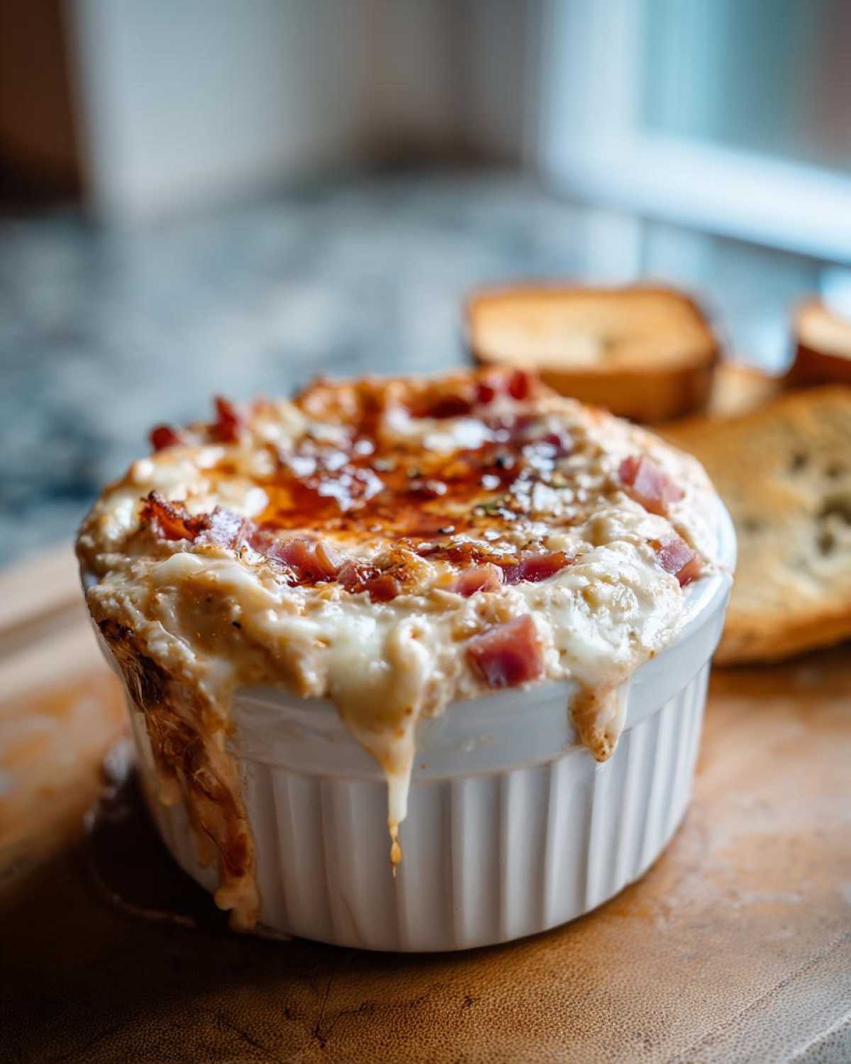 Close-up of hot, cheesy reuben dip bubbling in a white ramekin with melted cheese dripping down the side.