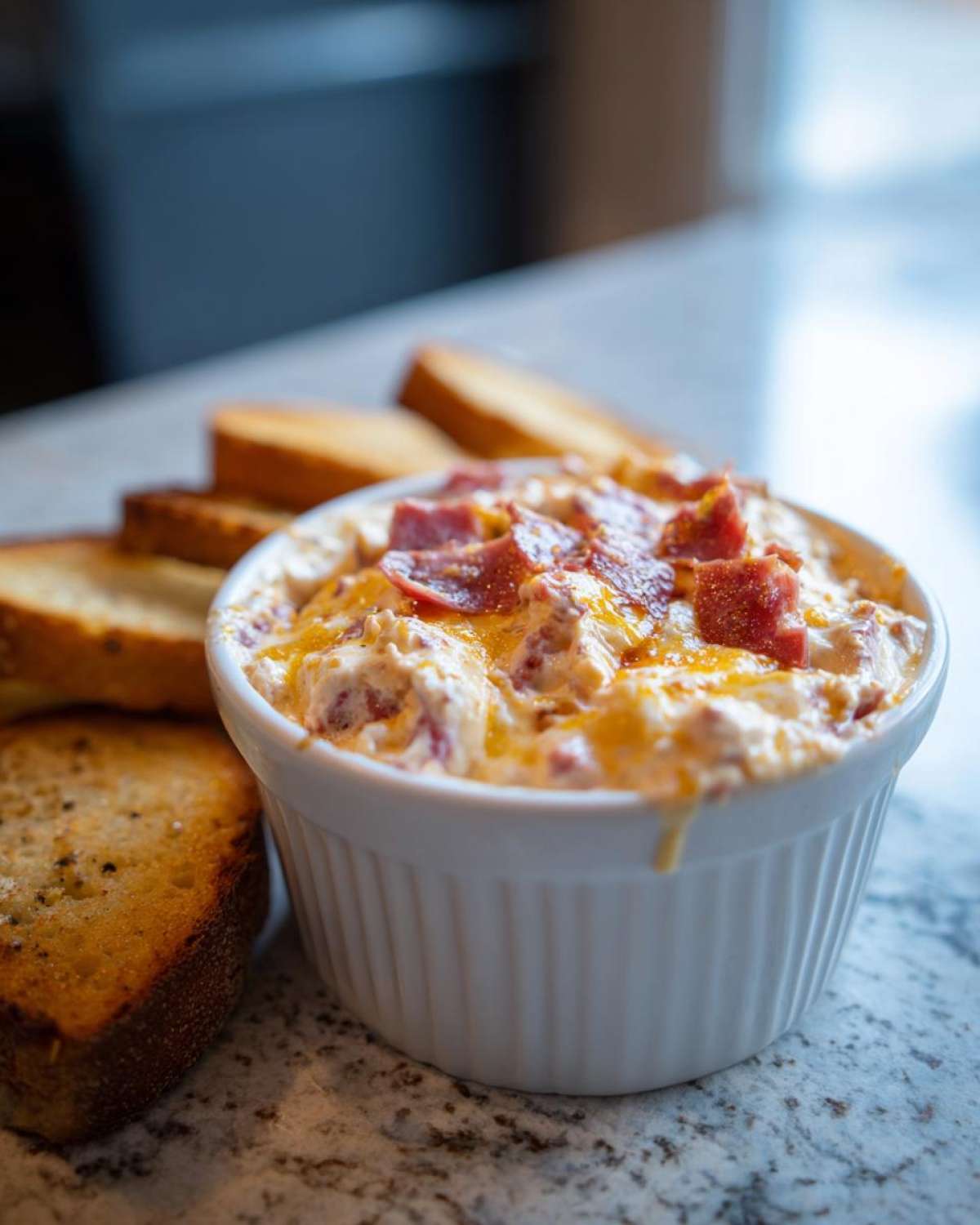 Close-up of hot, cheesy reuben dip topped with corned beef in a white ramekin, served with toasted bread slices.