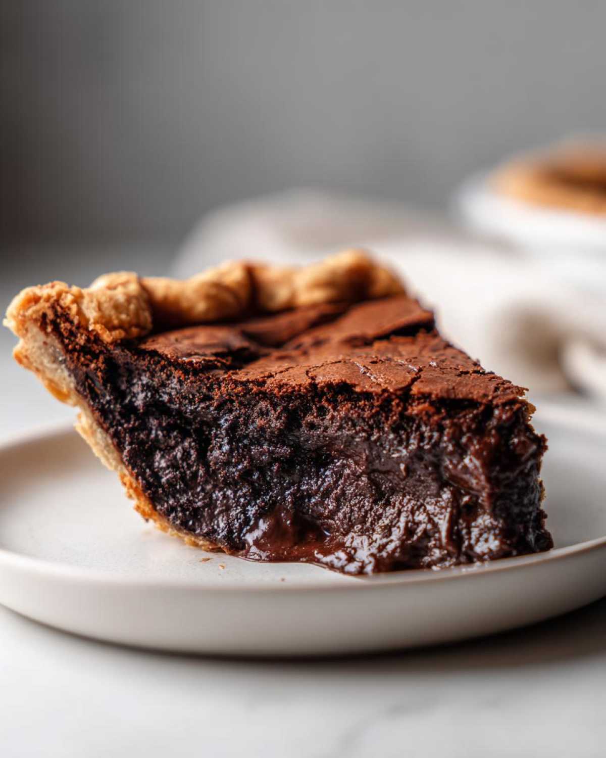 A close-up shot of a rich, dark slice of hot fudge pie showing a gooey, melted chocolate center.