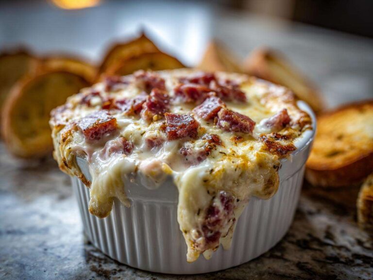 Close-up of a hot, bubbling reuben dip overflowing from a white ramekin, topped with melted cheese and corned beef.