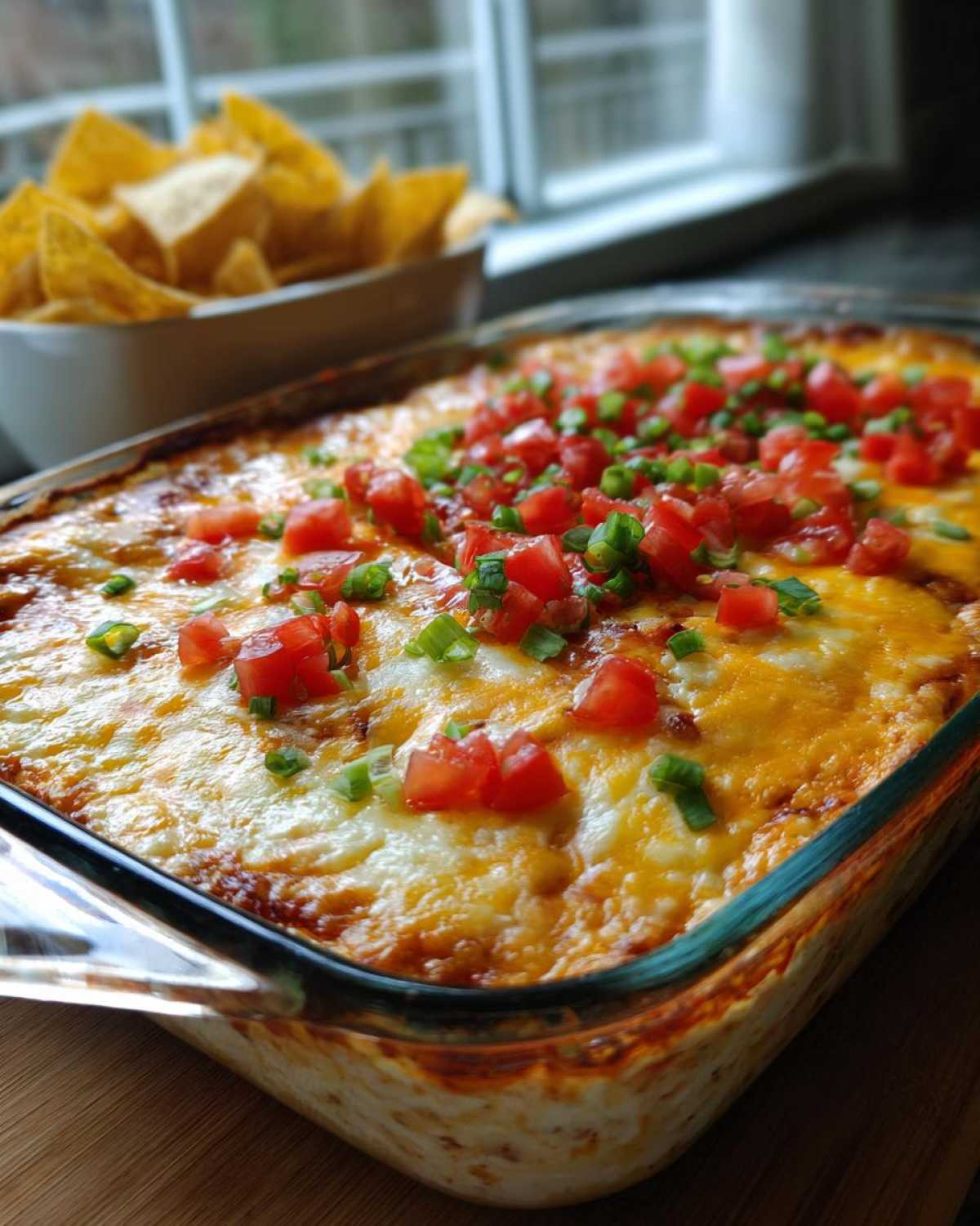 Close-up of a hot, baked Seven layer dip topped with melted cheese, diced tomatoes, and green onions.