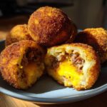 Close-up of golden brown Italian rice balls, one cut open revealing a savory meat and melted cheese filling.