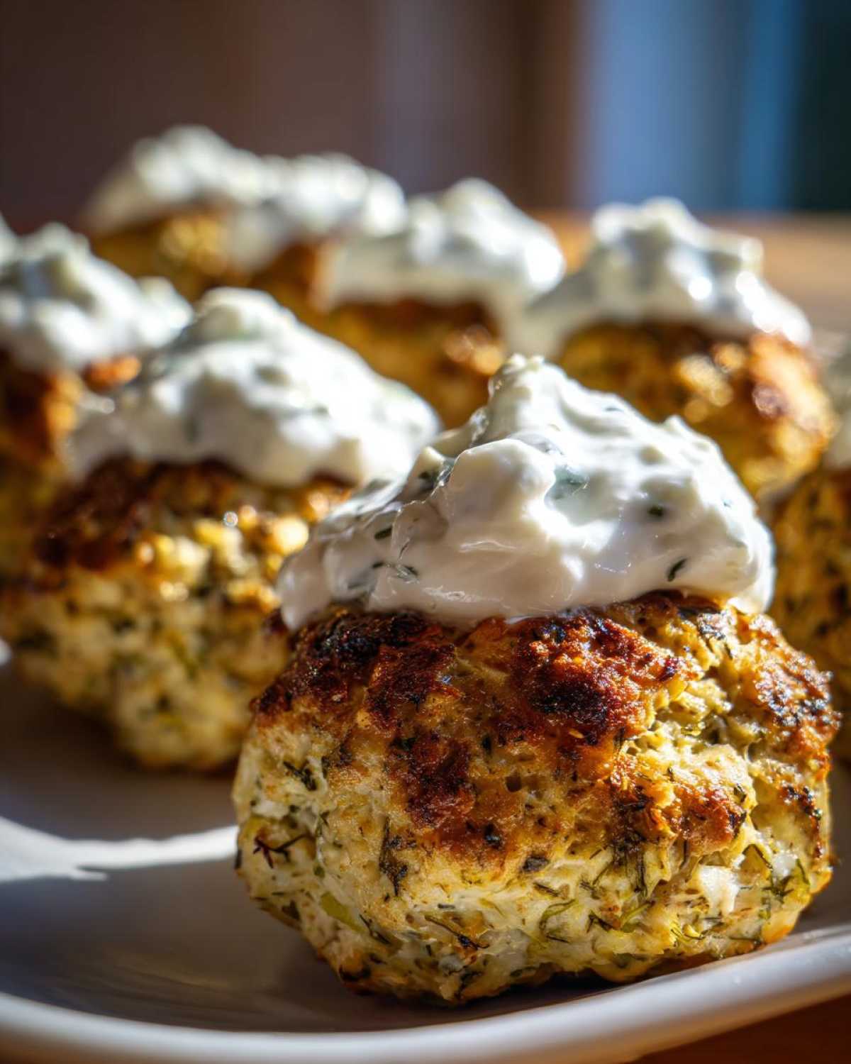 Close-up of golden brown greek chicken meatballs topped with a dollop of creamy tzatziki sauce.