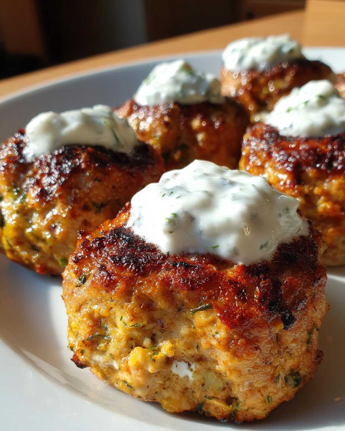 Close-up of perfectly browned greek chicken meatballs topped with a dollop of white tzatziki sauce.