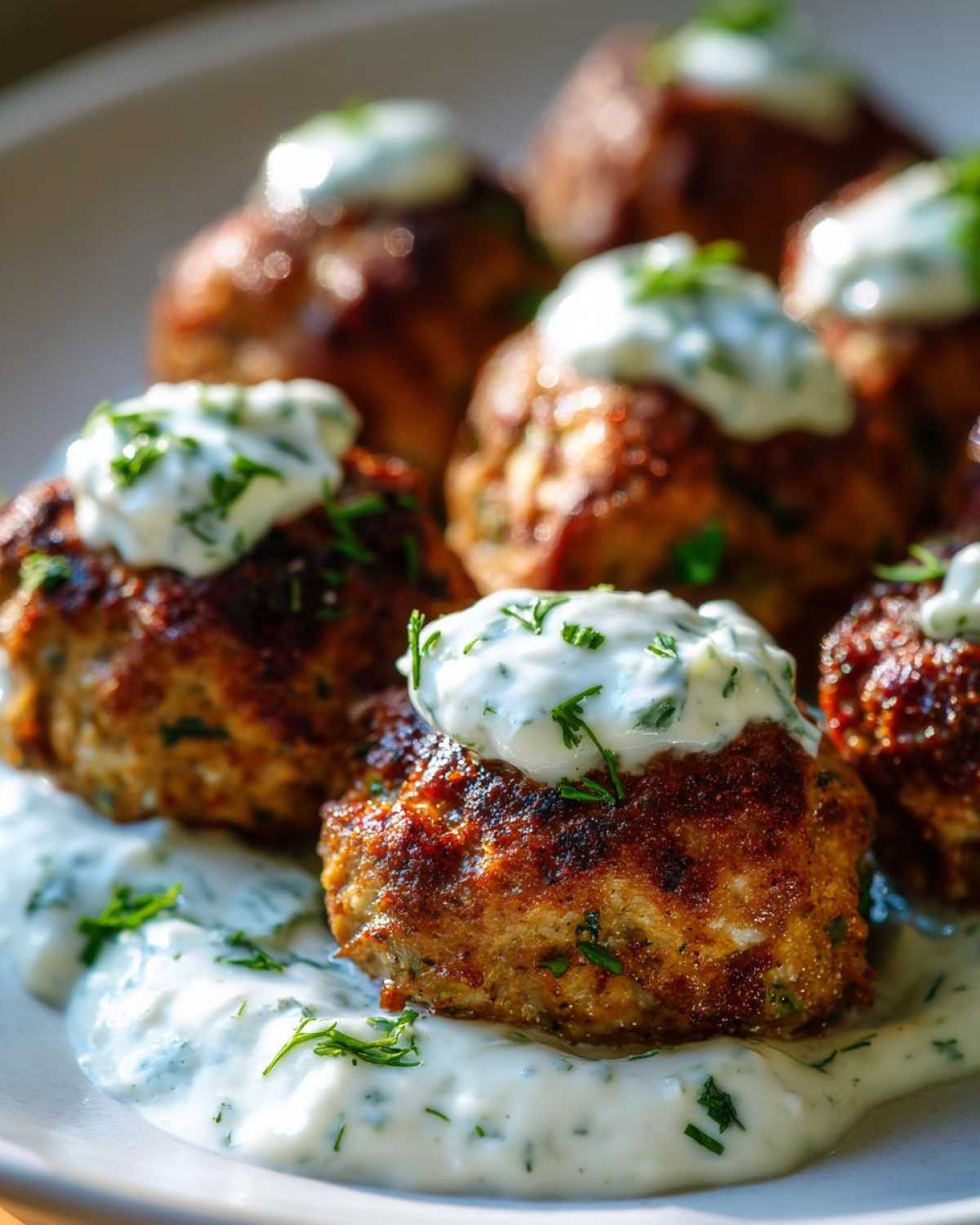 Close-up of pan-seared greek chicken meatballs topped with tzatziki sauce and fresh herbs.
