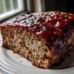 A thick slice of juicy meatloaf topped with a rich, dark red glaze and sprinkled with parsley.