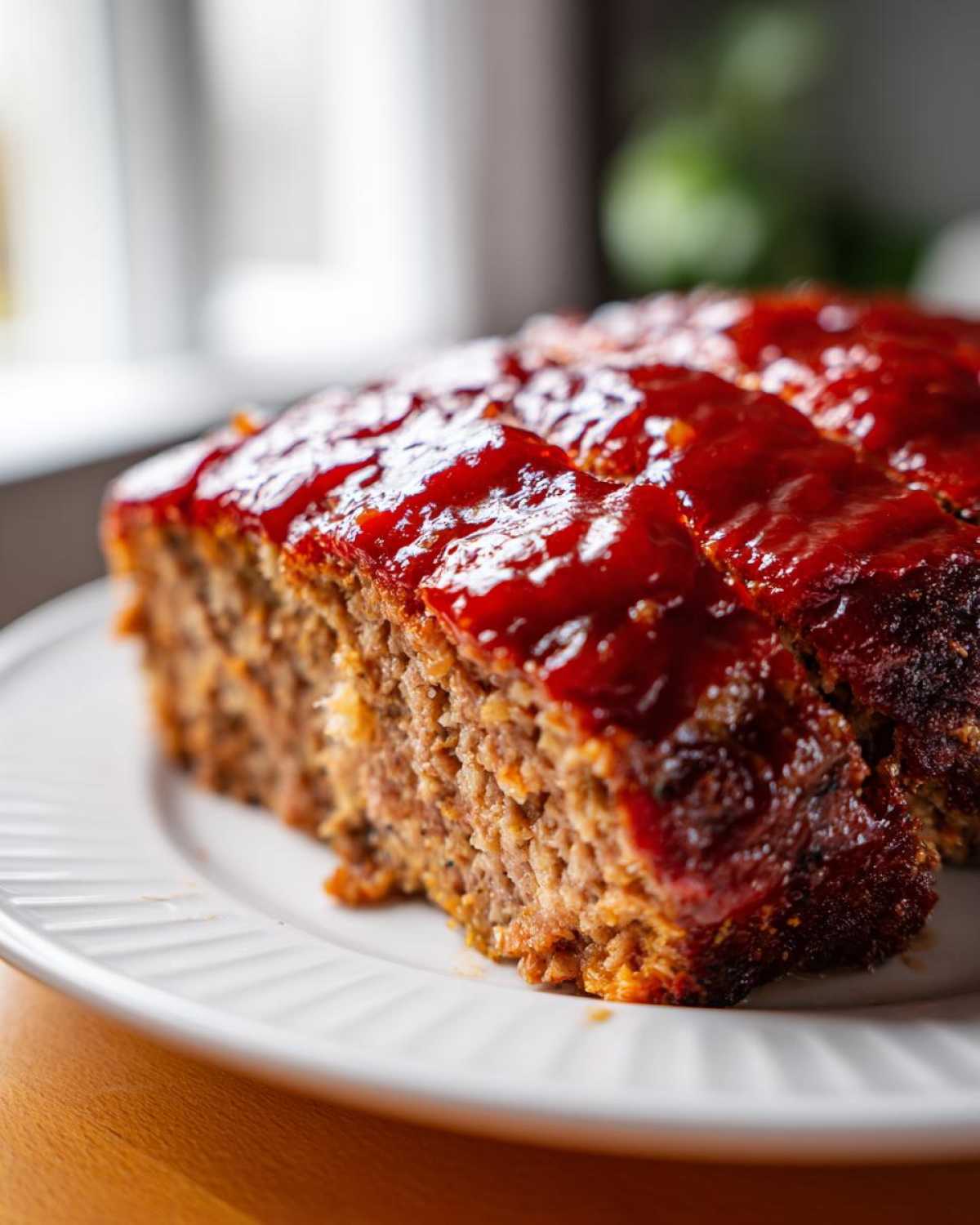 Close-up of a thick slice of juicy meatloaf topped with a shiny, thick red glaze.