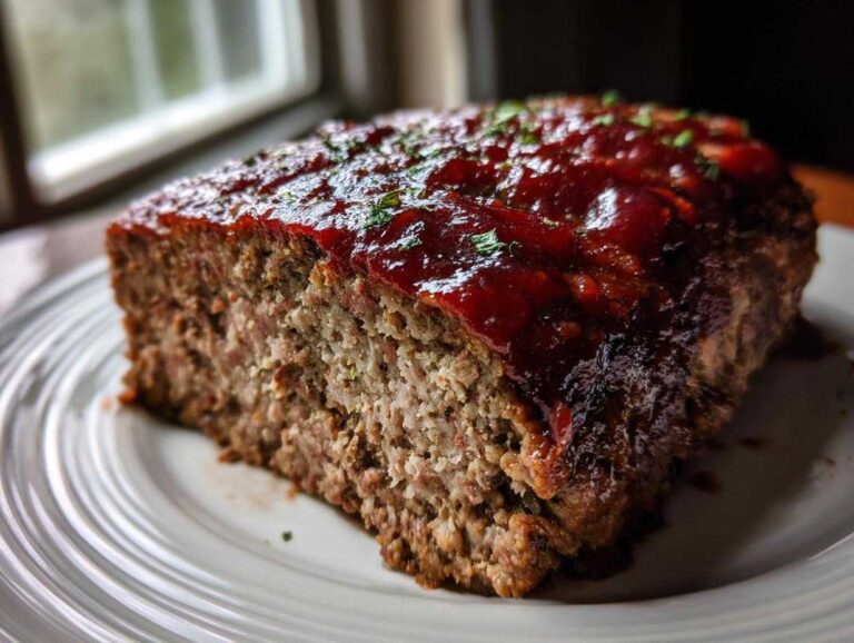 A thick slice of juicy meatloaf topped with a rich, dark red glaze and sprinkled with parsley.