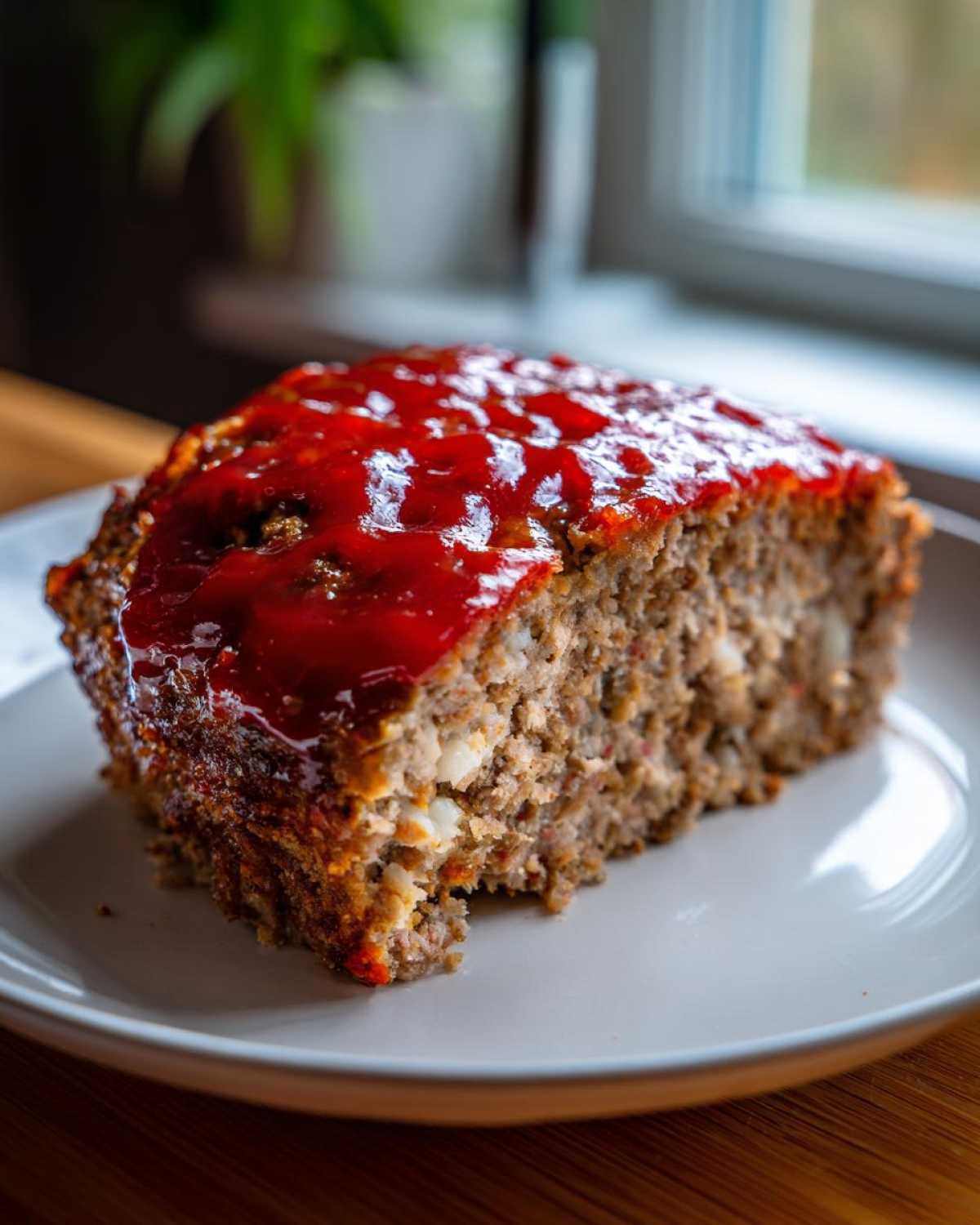 A close-up of a thick slice of juicy meatloaf topped with a glossy red ketchup glaze.