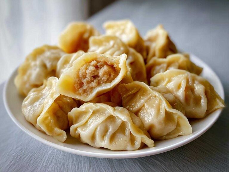 A plate piled high with freshly cooked Traditional Chinese Dumplings, one cut open to show the savory meat filling.