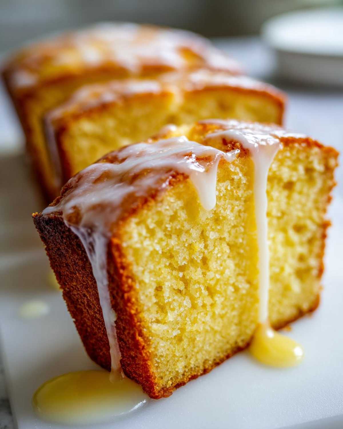 Close-up of a moist slice of lemon pound cake topped with thick white glaze dripping down the side.