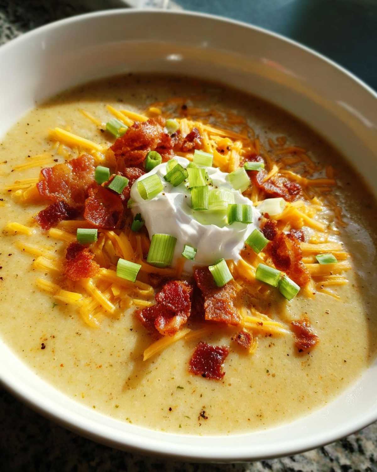 A close-up of creamy loaded baked potato soup topped with shredded cheddar, bacon bits, sour cream, and green onions.