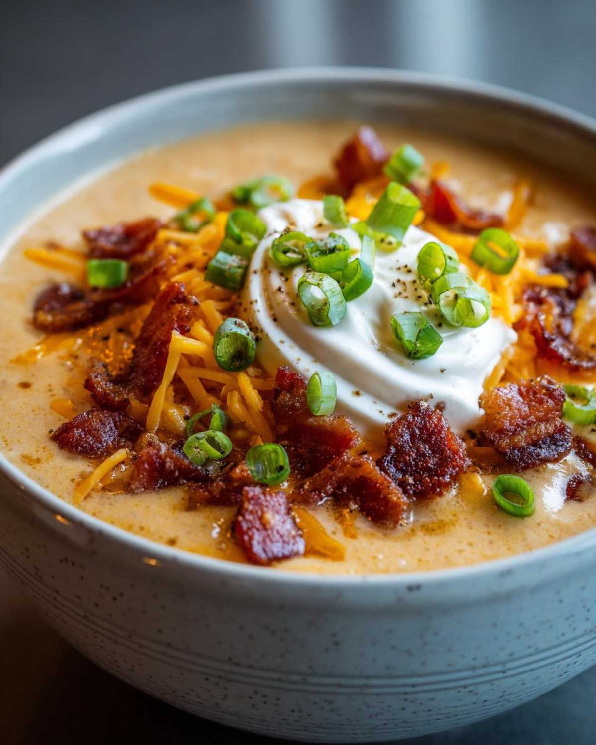 Close-up of creamy loaded baked potato soup topped with sour cream, shredded cheddar, bacon bits, and green onions.