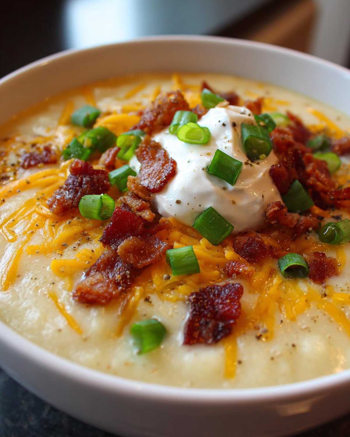 Close-up of a creamy bowl of loaded baked potato soup topped with sour cream, bacon, cheese, and green onions.
