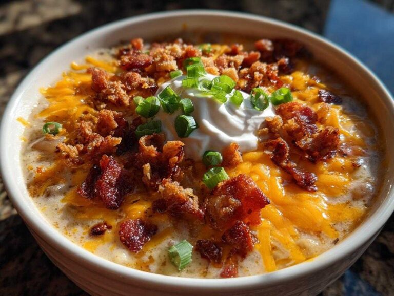 A close-up of a bowl of loaded baked potato soup topped with shredded cheddar, bacon bits, sour cream, and chives.