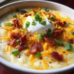 Close-up of a bowl of loaded baked potato soup topped with sour cream, shredded cheese, bacon bits, and green onions.