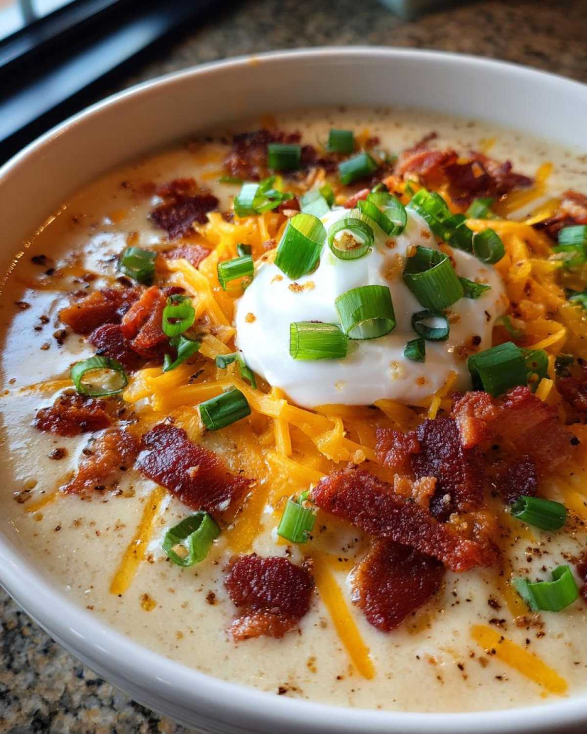 A close-up of creamy loaded baked potato soup topped with shredded cheddar, bacon bits, sour cream, and green onions.