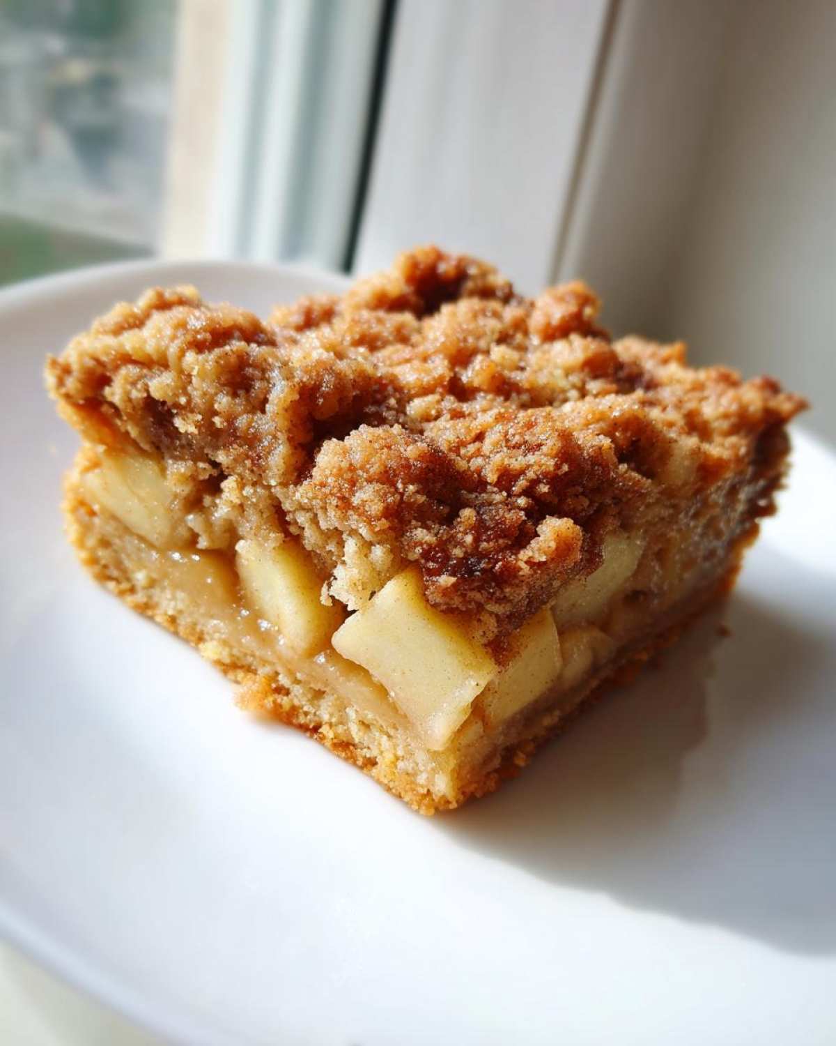 A close-up shot of a square slice of apple crumb cake showing tender apple chunks and a thick, buttery crumb topping.
