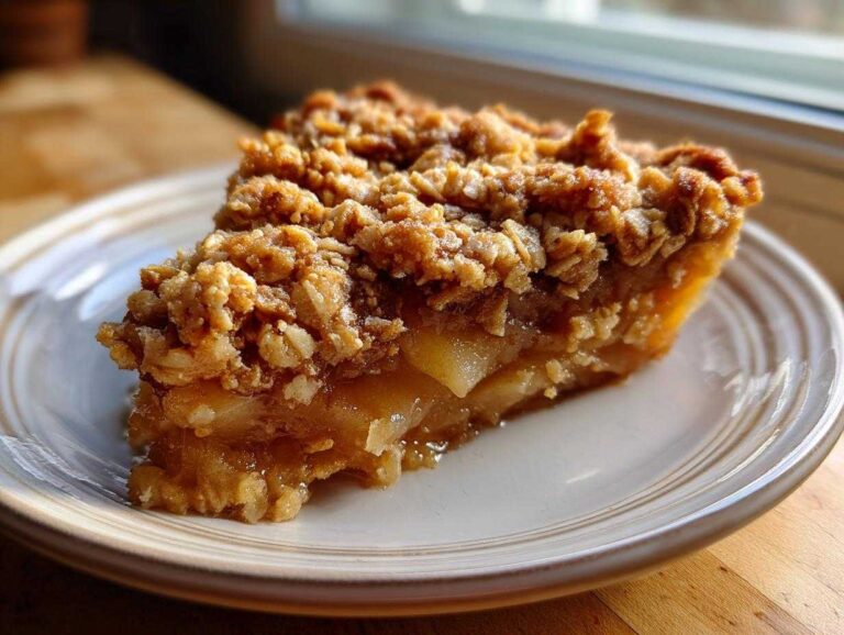Close-up of a thick slice of pear crisp showing gooey cooked pears and a crunchy oat topping.