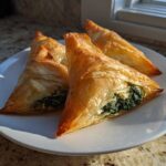 Four golden, flaky Mediterranean Spinach and Feta Cheese Crisps served on a white plate near a sunlit window.