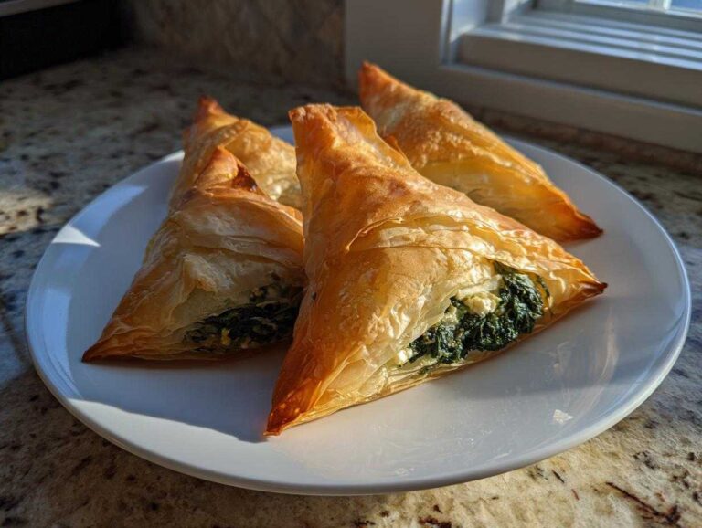 Four golden, flaky Mediterranean Spinach and Feta Cheese Crisps served on a white plate near a sunlit window.