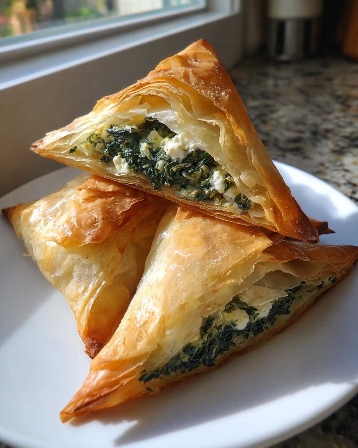 Three golden, flaky Mediterranean Spinach and Feta Cheese Crisps stacked on a white plate, showing the spinach and feta filling.