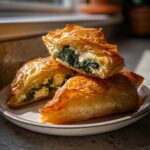 Three golden brown Mediterranean Spinach and Feta Cheese Crisps stacked on a small plate, showing flaky phyllo dough.