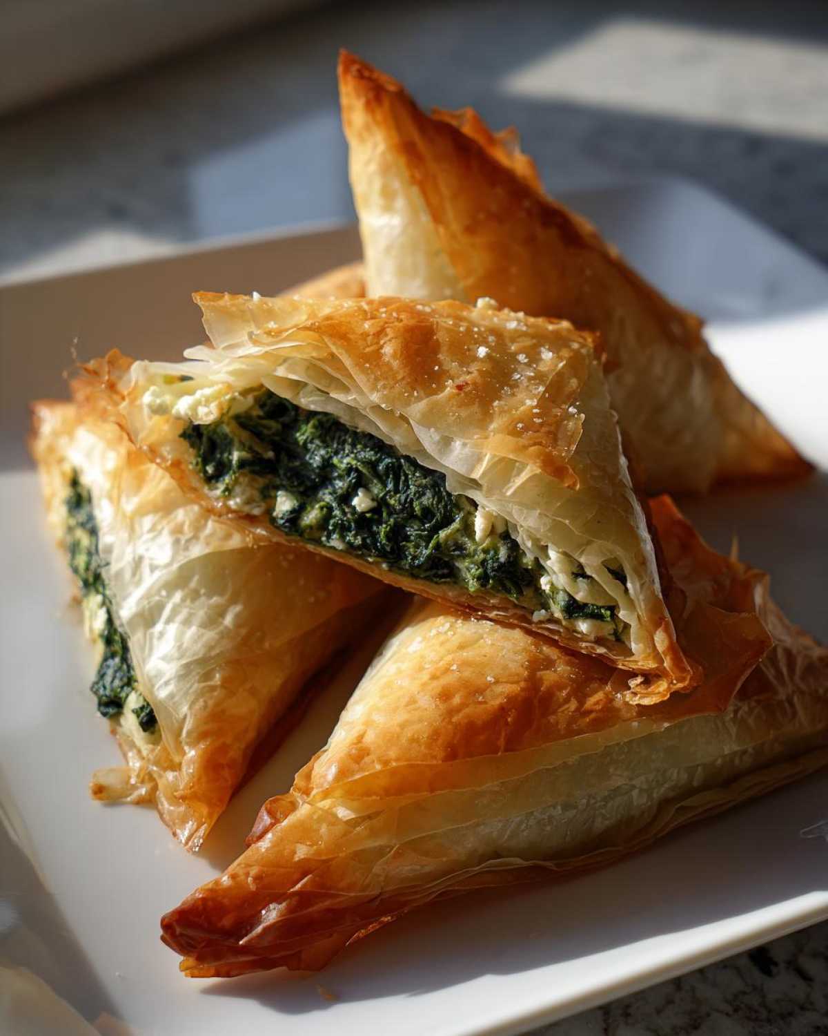 Close-up of flaky, golden Mediterranean Spinach and Feta Cheese Crisps stacked on a white plate.