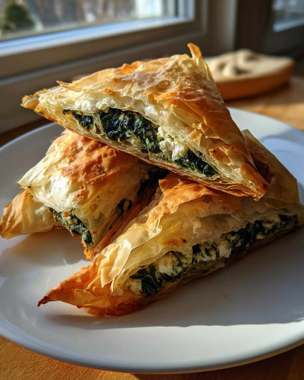 Three golden, flaky Mediterranean Spinach and Feta Cheese Crisps stacked on a white plate.