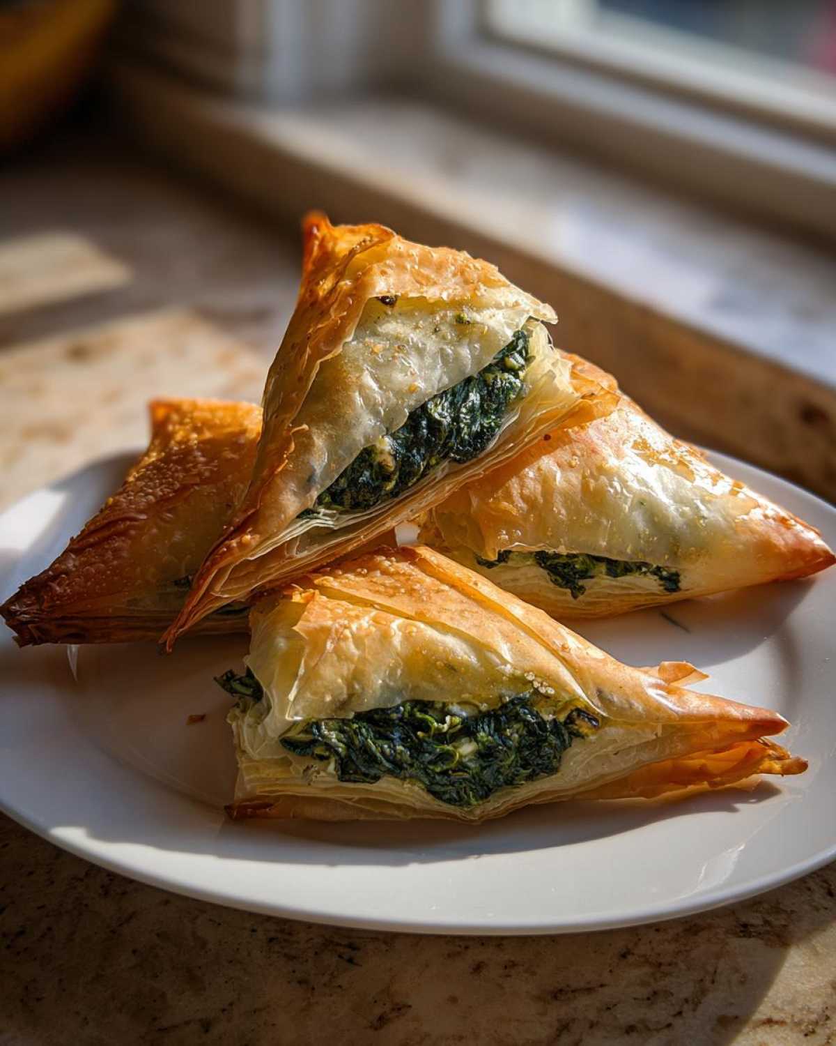 Four golden, flaky Mediterranean Spinach and Feta Cheese Crisps stacked on a white plate near a sunlit window.