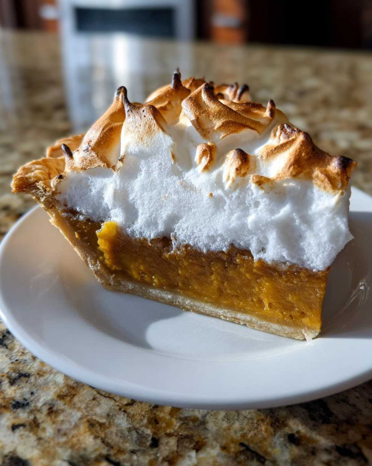 A close-up slice of butterscotch pie with a thick, toasted meringue topping on a white plate.