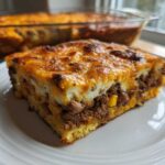 A thick slice of Mexican cornbread casserole with seasoned ground beef, corn, and a cheesy, browned topping.