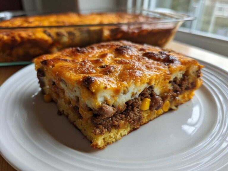 A thick slice of Mexican cornbread casserole with seasoned ground beef, corn, and a cheesy, browned topping.