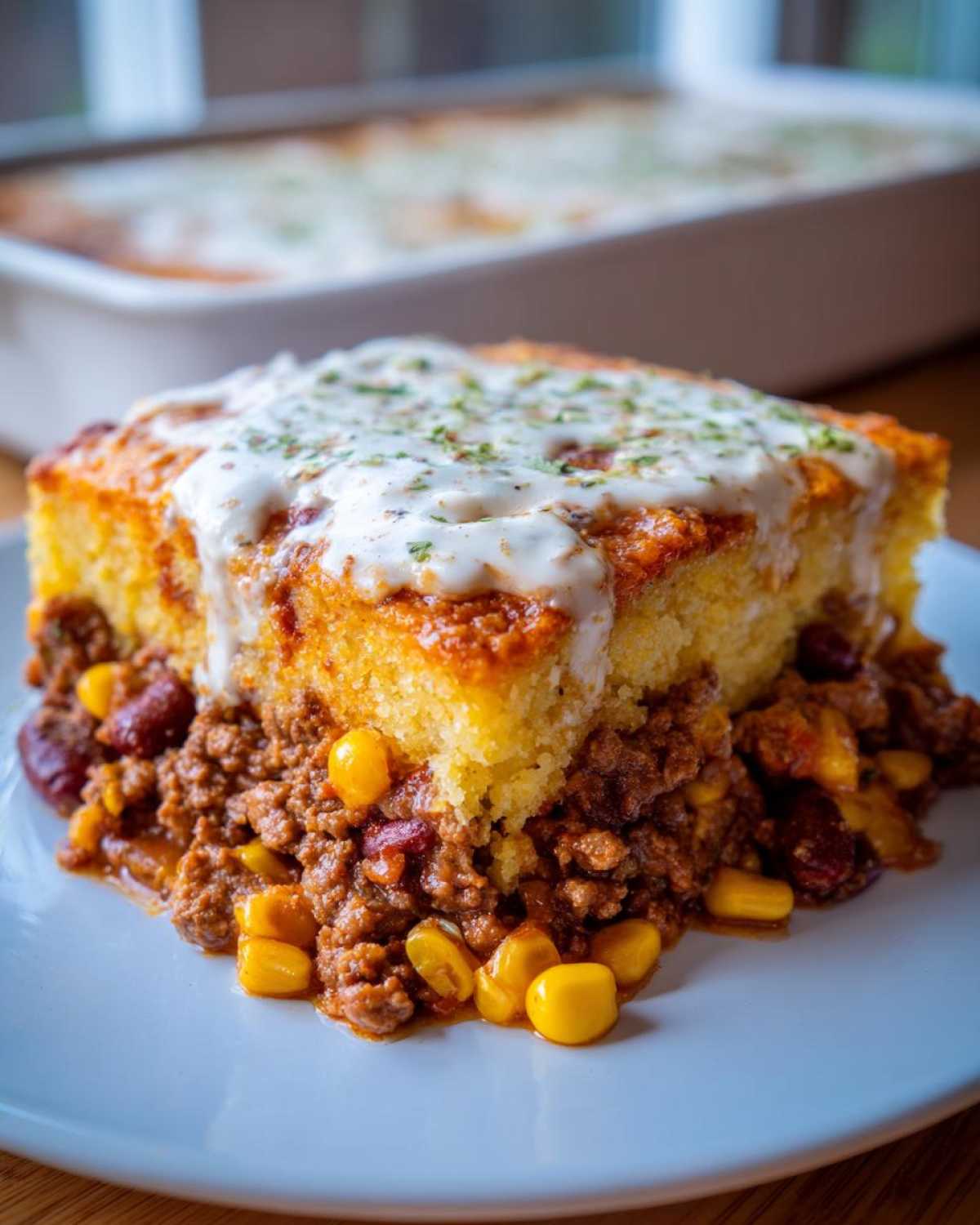 A generous slice of mexican cornbread casserole topped with chili, corn, beans, and white sauce.