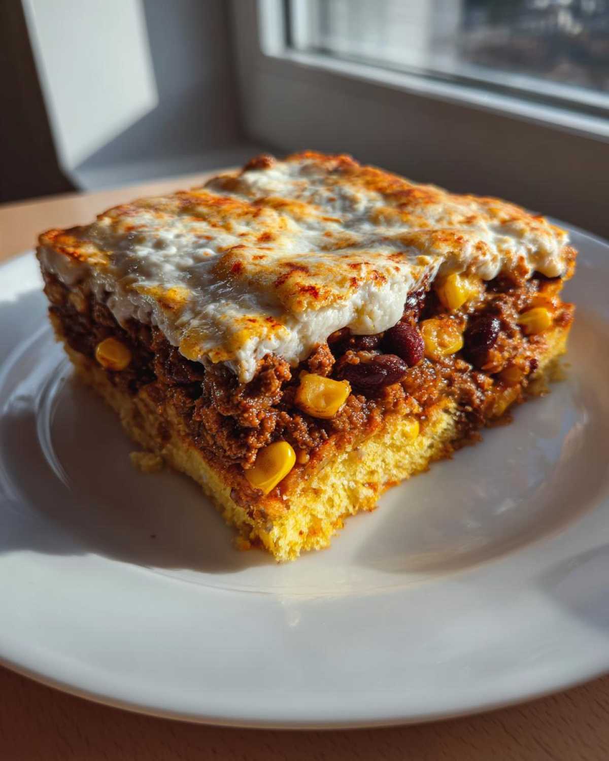 A square slice of rich mexican cornbread casserole layered with chili, corn, beans, and topped with melted cheese or sour cream.