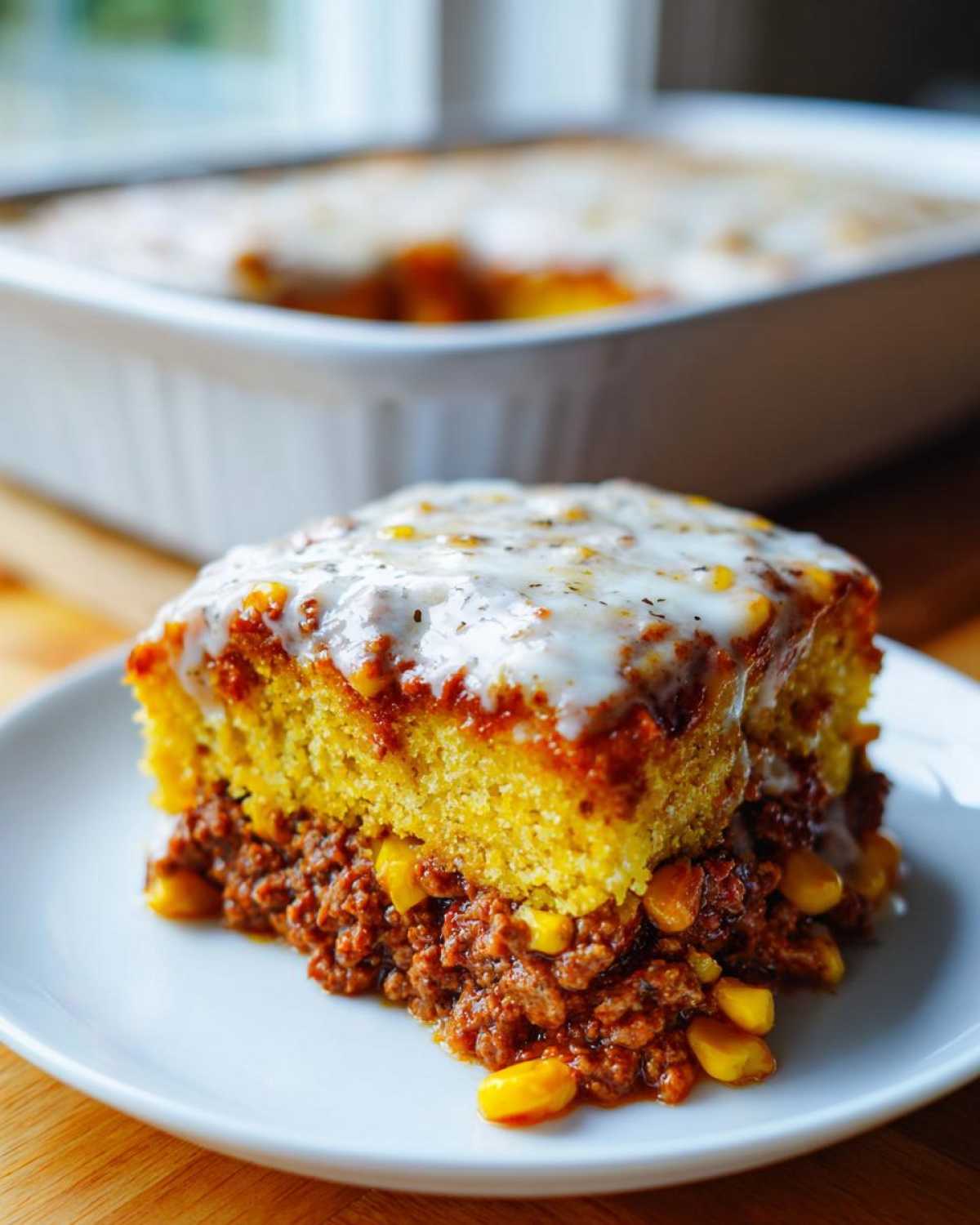 A square slice of Mexican cornbread casserole featuring a layer of seasoned ground meat and corn, topped with cornbread and melted white cheese.