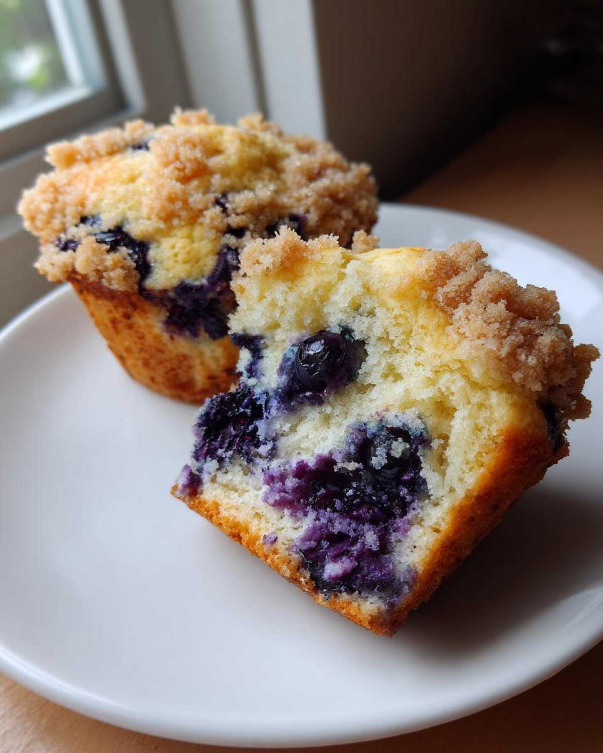 Close-up of a moist blueberry muffin cut in half, showing the bright purple berries and crumb topping.