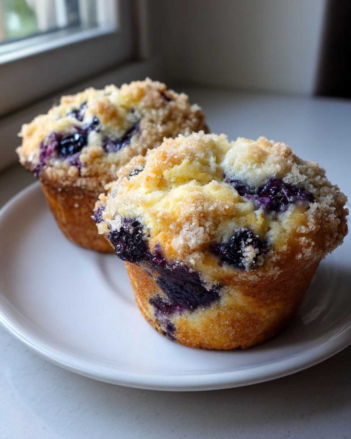 Close-up of two moist blueberry muffins with golden crumb topping sitting on a white plate.