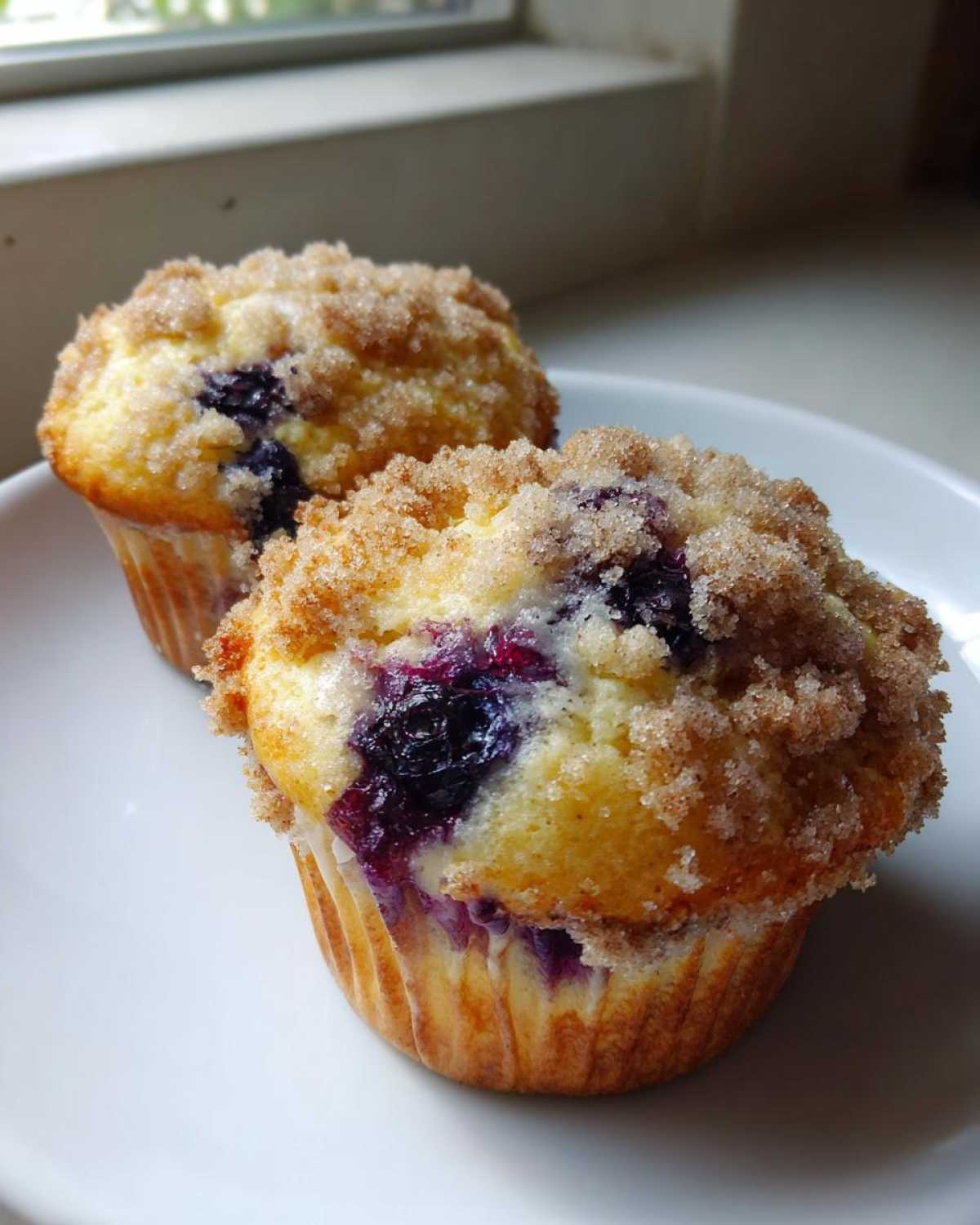 Two moist blueberry muffins topped with a generous layer of cinnamon sugar crumb topping, sitting on a white plate.