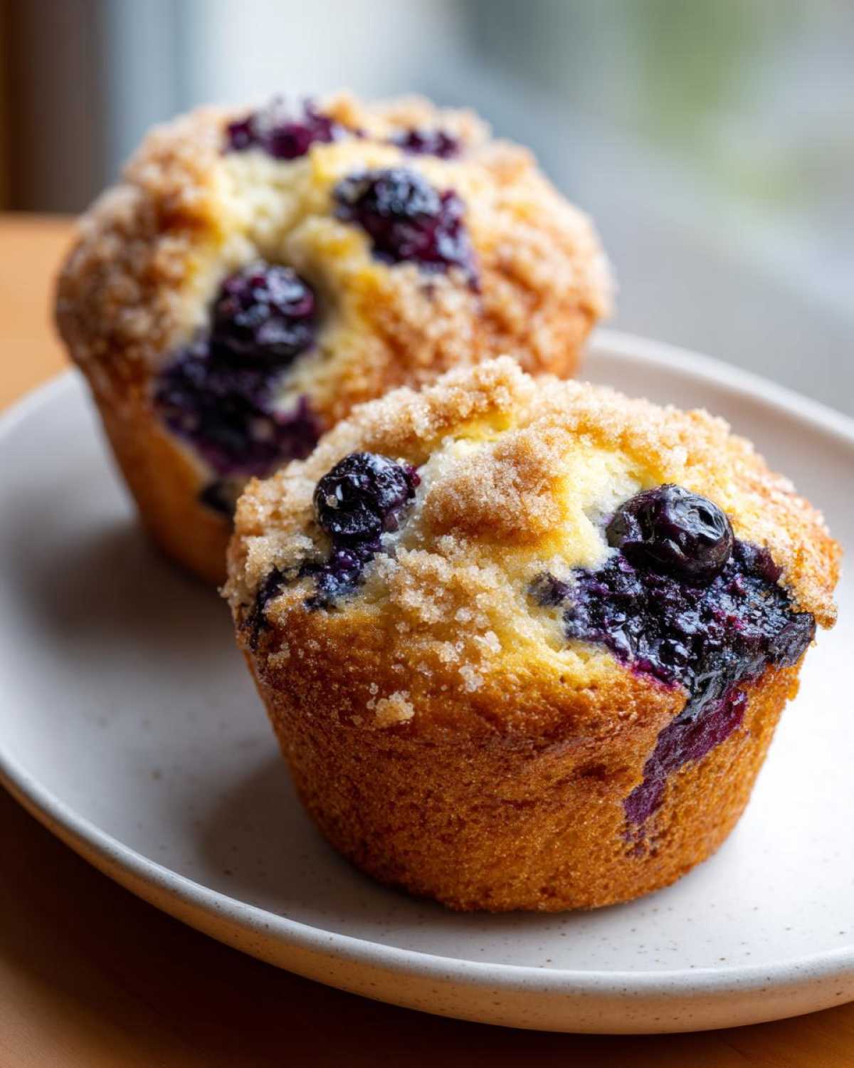 Two moist blueberry muffins with a golden crumb topping sitting on a speckled white plate.