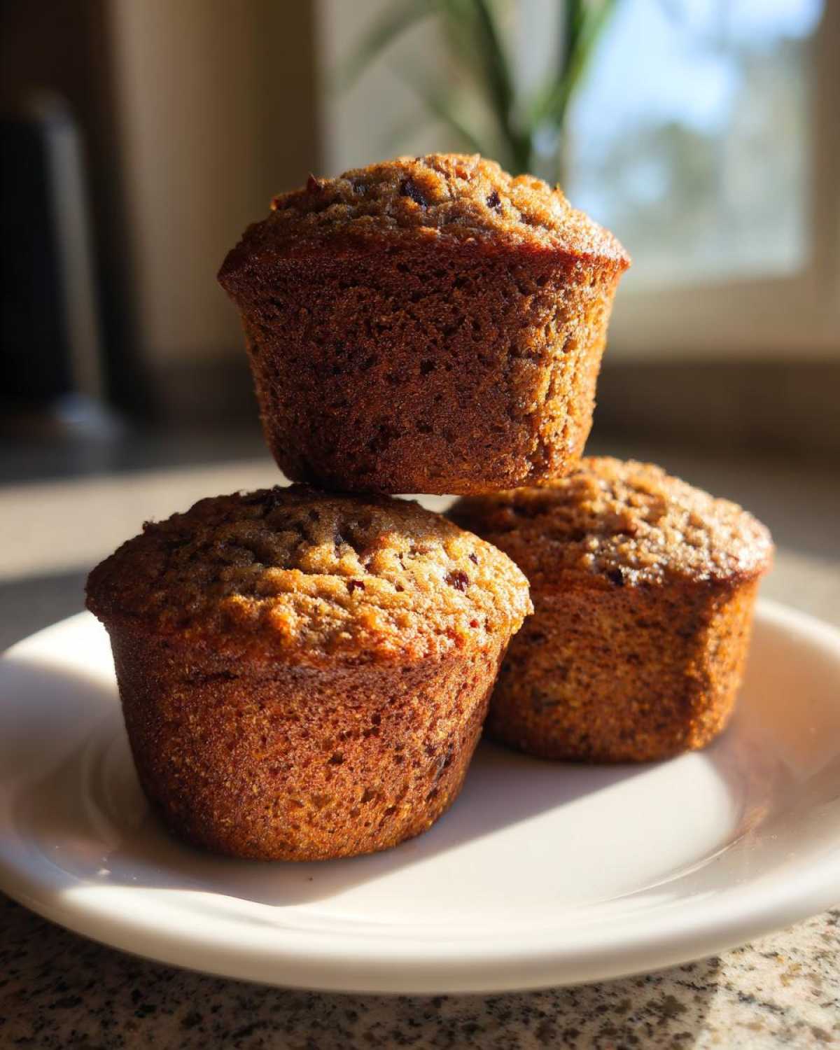 Three golden brown, moist bran muffins stacked on a white plate, highlighted by sunlight.
