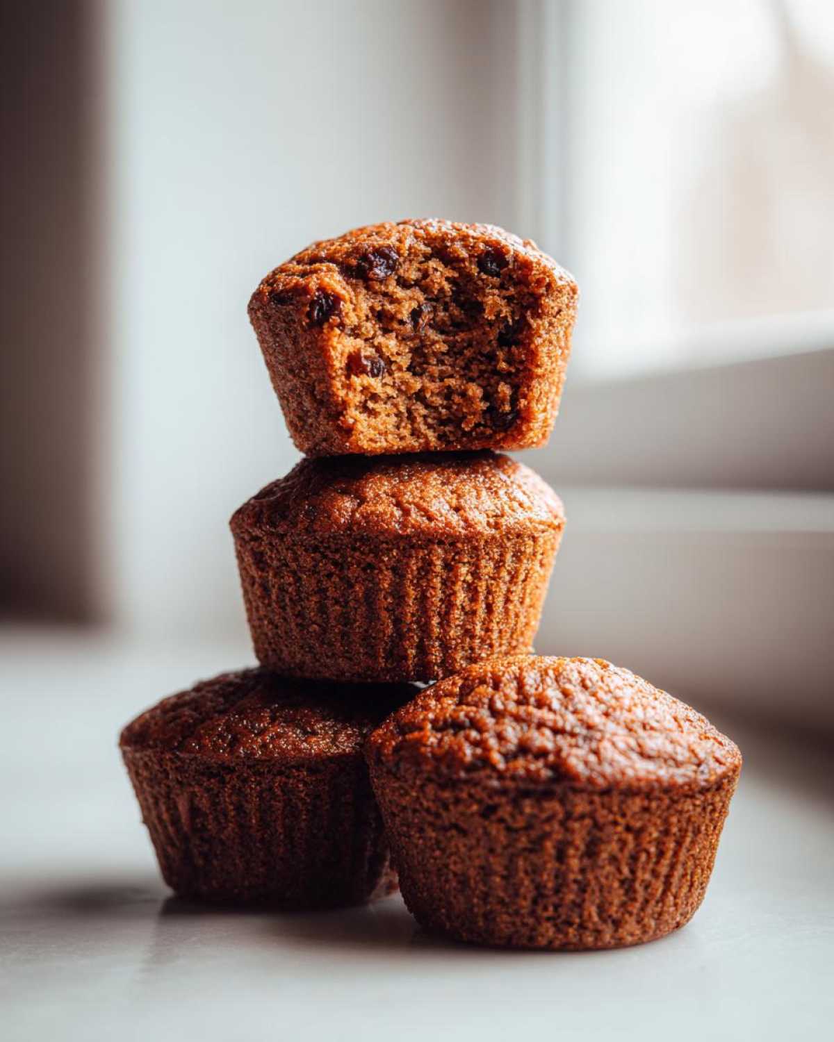 A stack of four moist bran muffins, with the top one having a bite taken out showing the texture.
