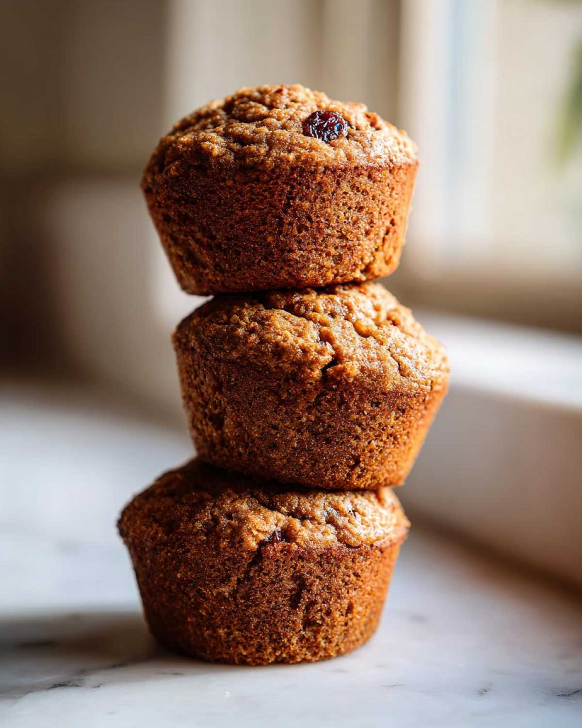 Three moist bran muffins stacked vertically on a white marble surface, featuring a visible raisin on top.