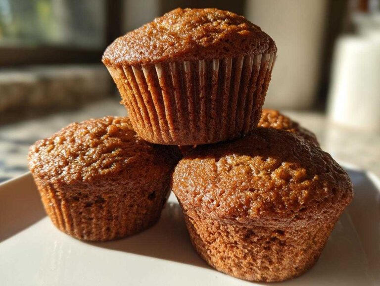 Close-up of three freshly baked, moist bran muffins stacked on a white plate, highlighted by sunlight.