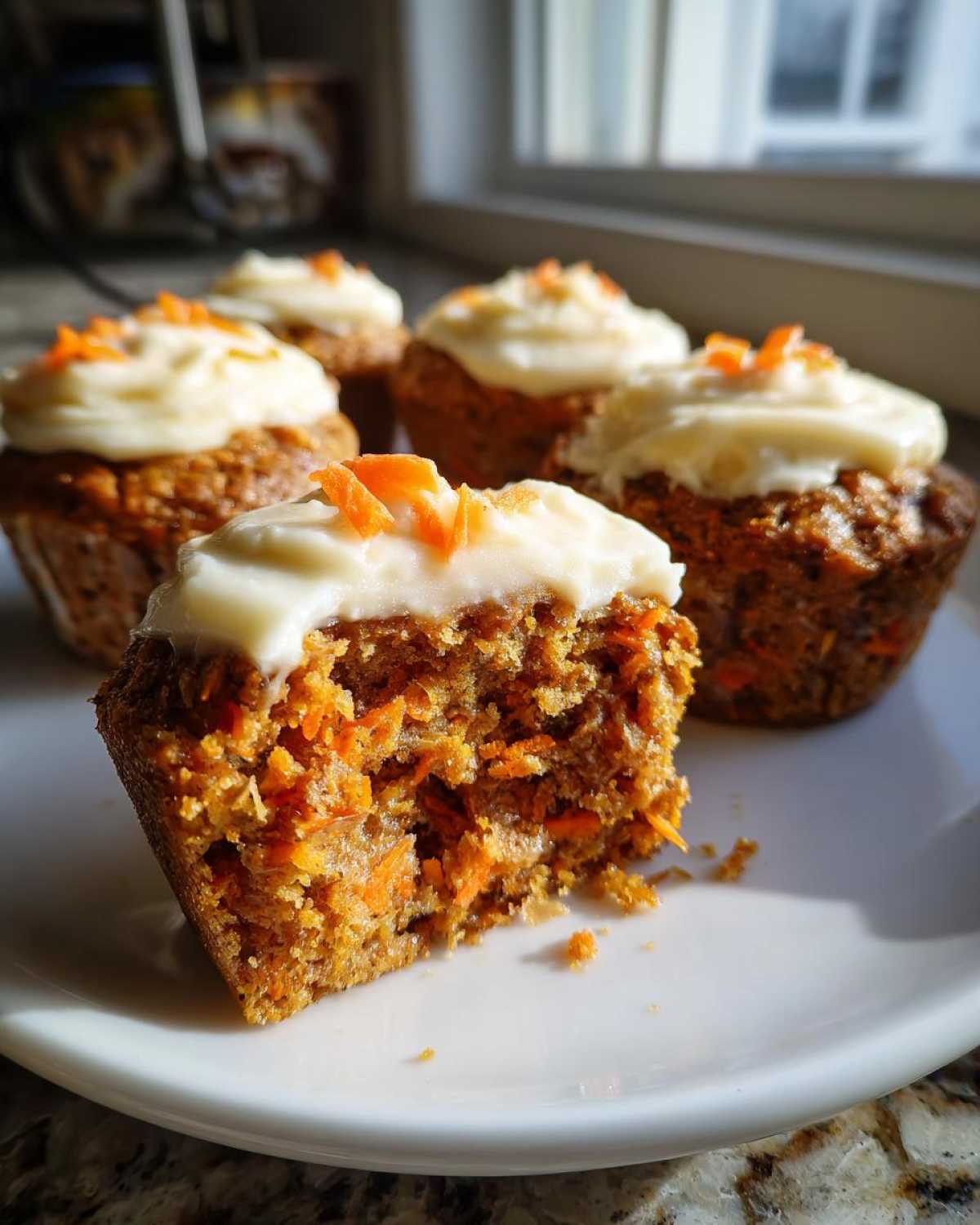 Close-up of a carrot cake muffin with a bite taken out, showing the moist interior packed with shredded carrots, topped with cream cheese frosting.