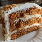 Close-up of a thick slice of moist carrot cake recipe layers with rich cream cheese frosting.