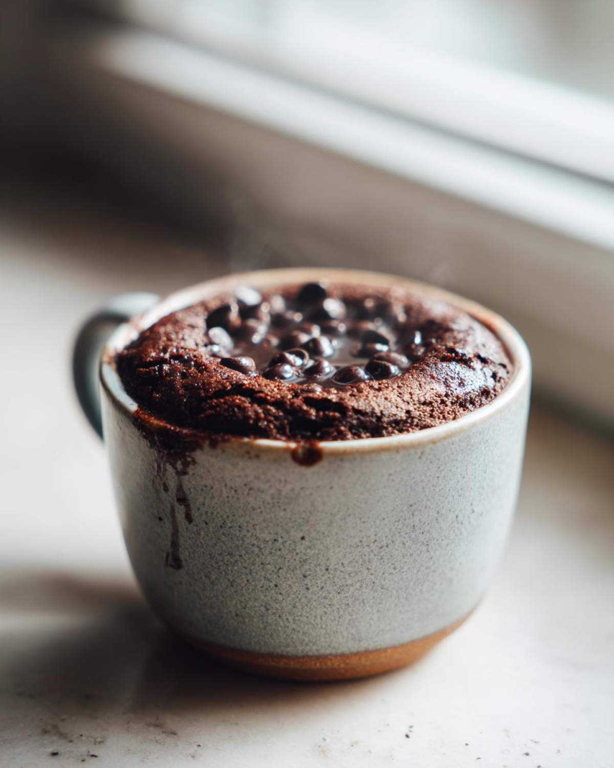 Close-up of a hot, moist chocolate chip mug cake steaming in a speckled ceramic mug.