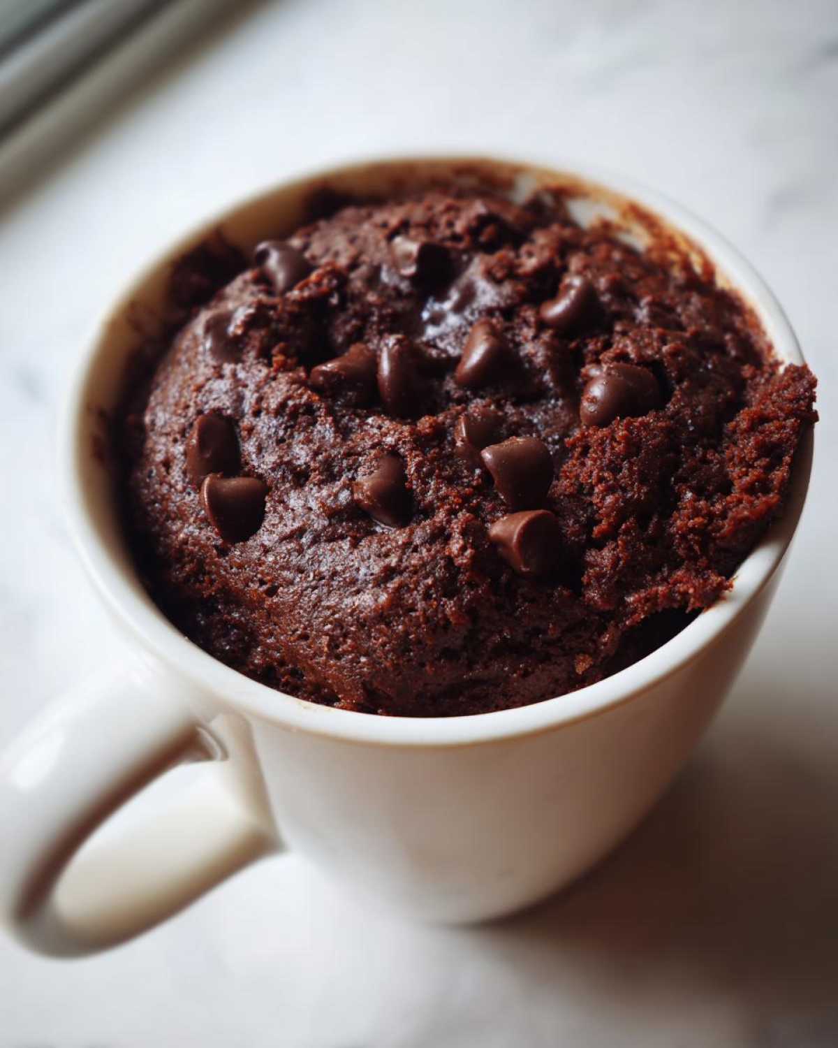 Close-up of a rich, dark chocolate chip mug cake baked inside a white ceramic mug.