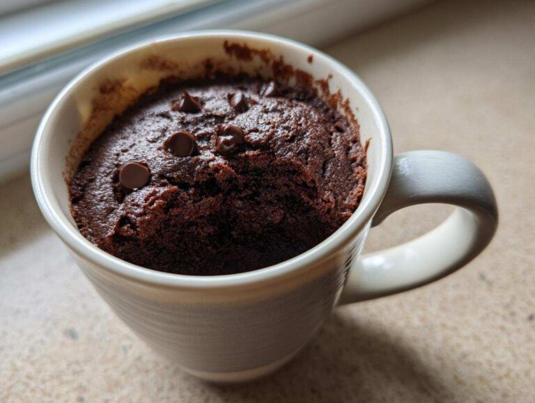 Close-up of a moist chocolate mug cake baked in a white mug, topped with chocolate chips.